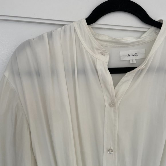 A.L.C. Blouson Long Sleeve Mini Dress White Button Up String Belt Flounce Hem - Picture 4 of 11